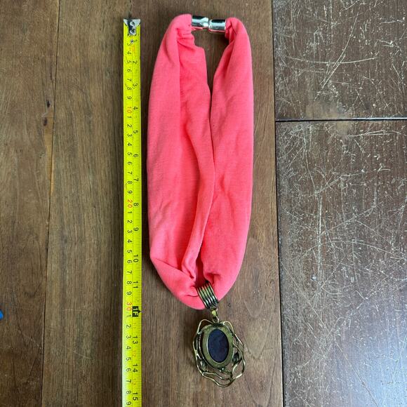 Artisan Made Pink Cloth Necklace with large Gold tone Ruby Red Pendant - Picture 7 of 7